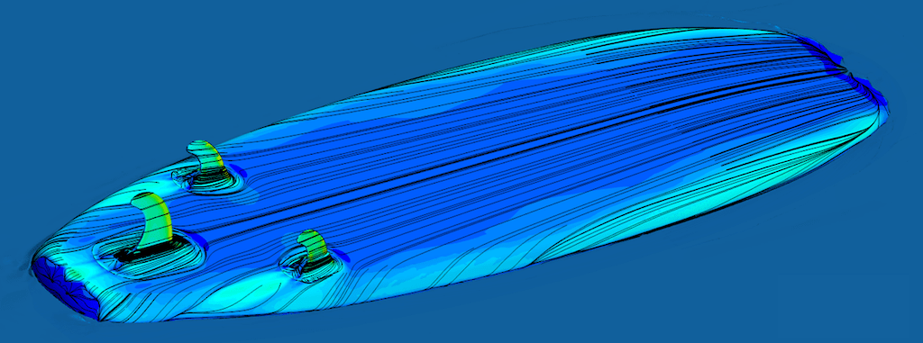 CAD image showing shear stress on the bottom of a paddleboard