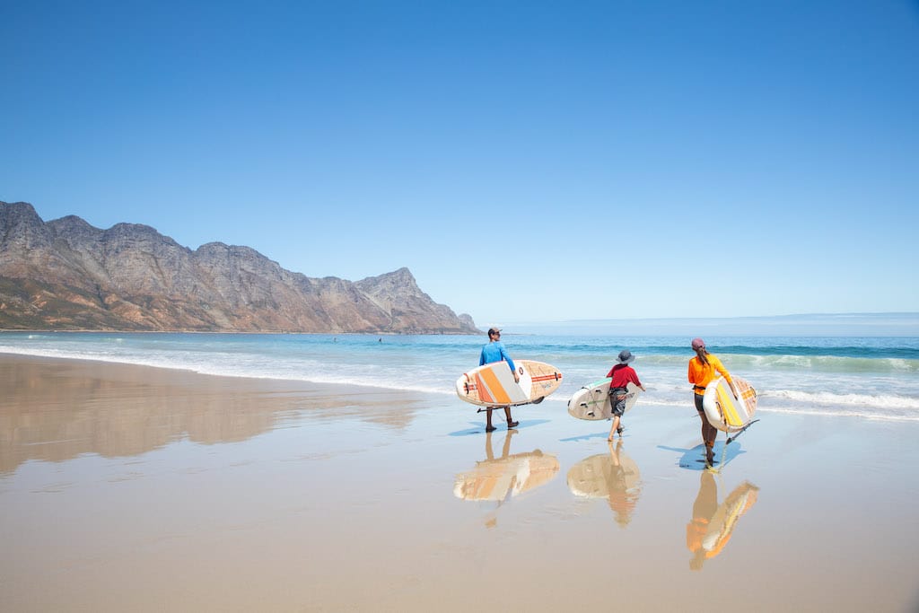 Family walking to the shoreline with their paddleboards