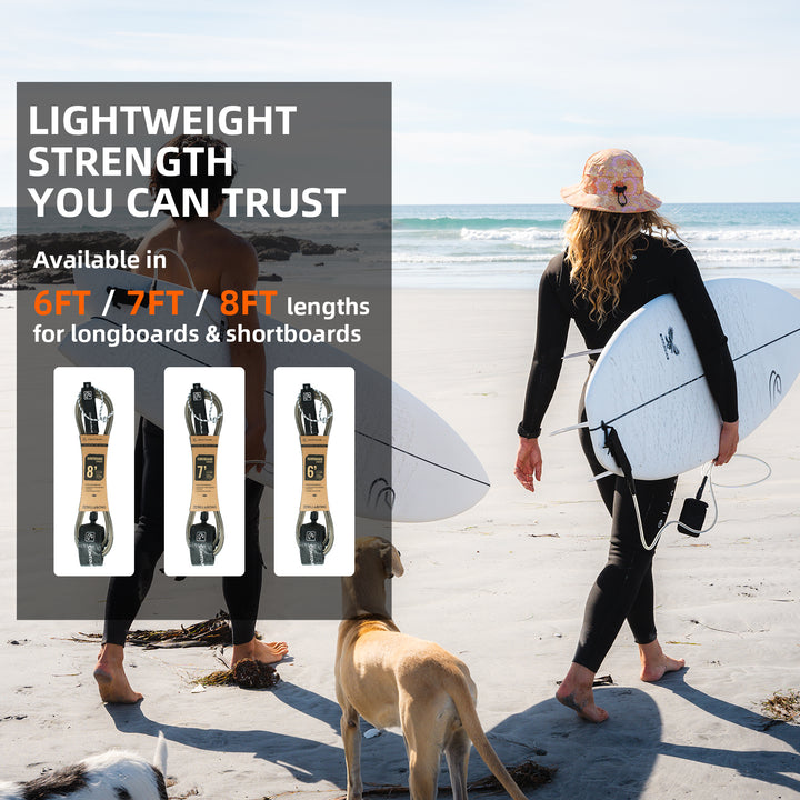 Two people with surfboards on a beach, promotional text about surfboard lengths.