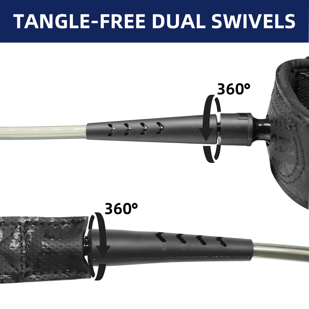 Fishing rod with tangle-free dual swivels labeled on a white background