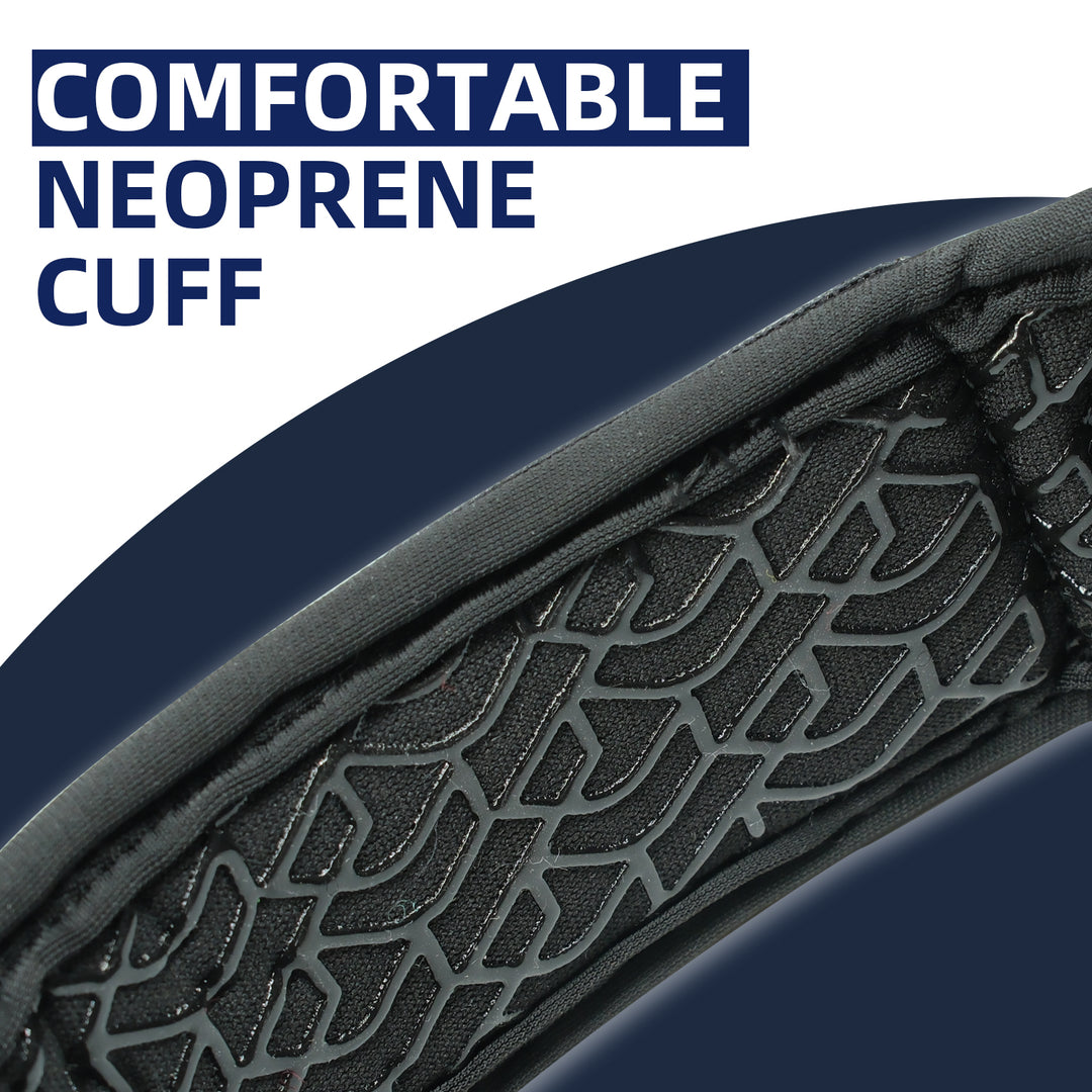 Close-up of a neoprene cuff with textured surface and text &