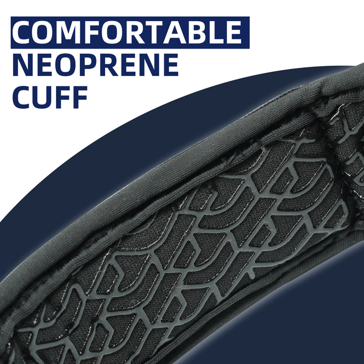 Close-up of a neoprene cuff with textured surface and text &