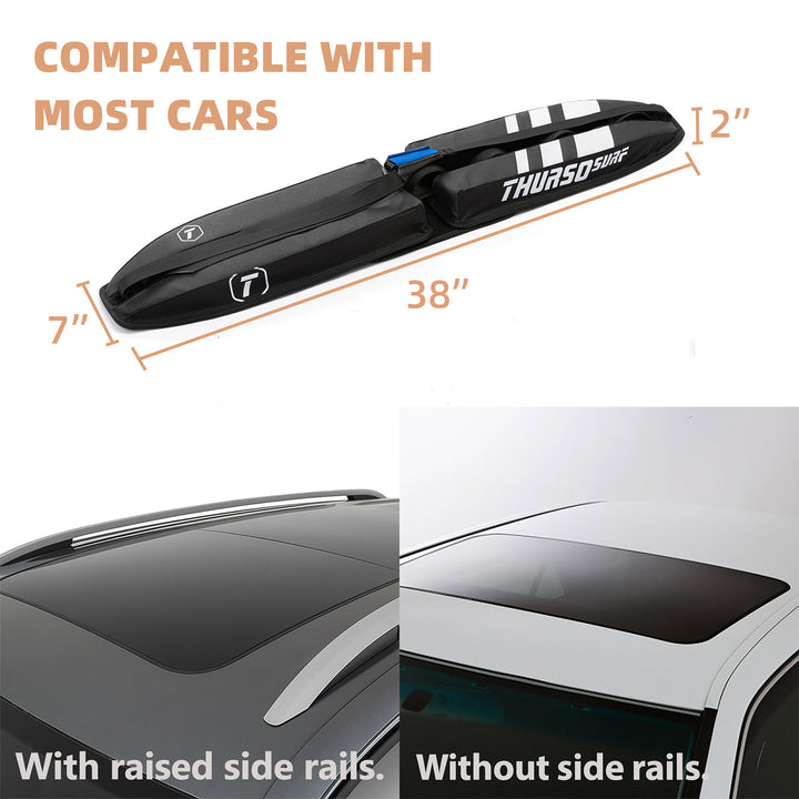 Car roof rack with dimensions and compatibility text on a white background