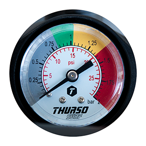 Pressure gauge with color-coded scale and 'Thurso' branding on a white background