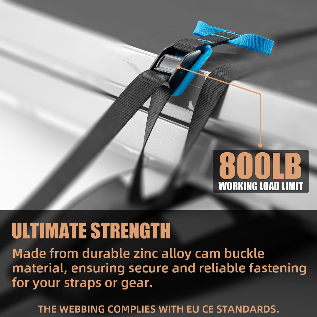 Strap with blue buckle on a vehicle roof, featuring 800lb working load limit and durability text.