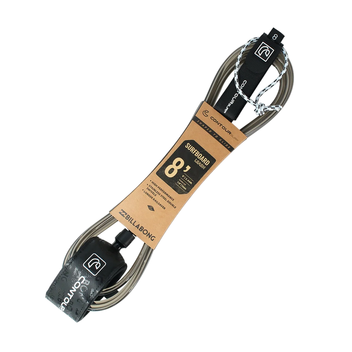 Surfboard leash with Billabong branding on a white background