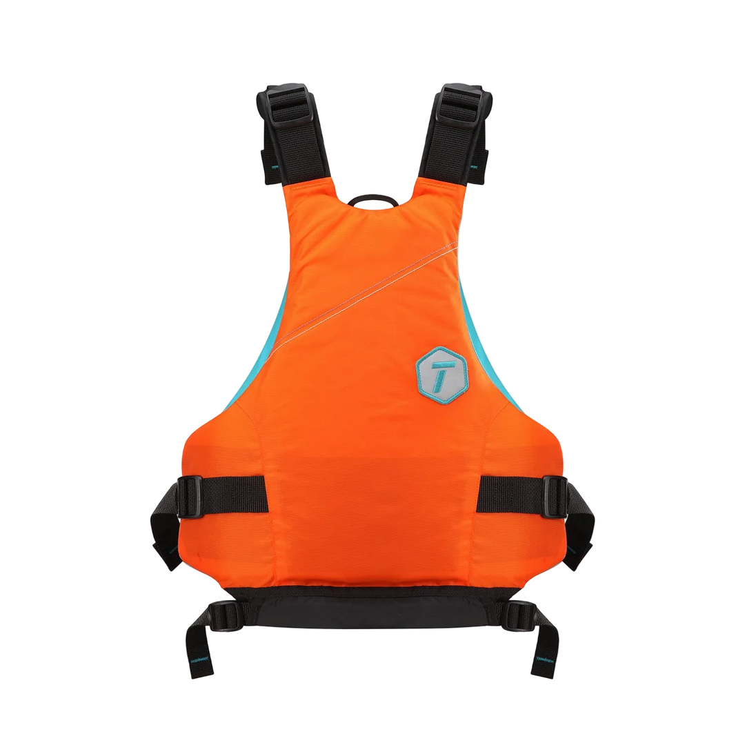 Orange life jacket with black straps on a white background