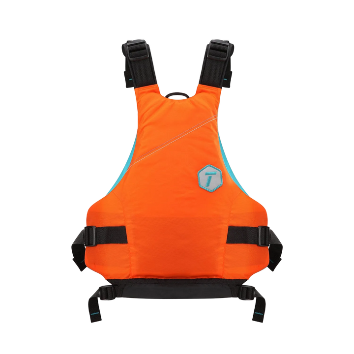 Orange life jacket with black straps on a white background