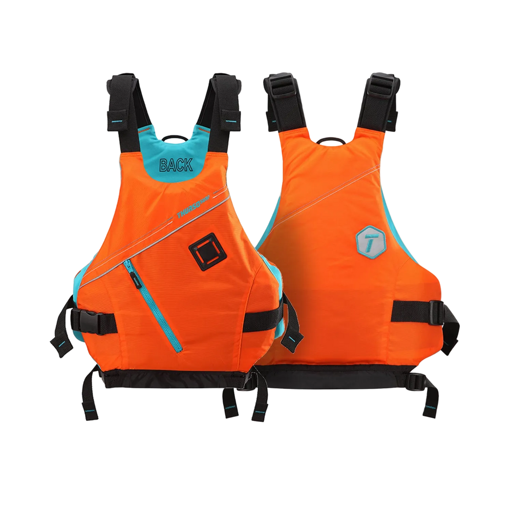 Two orange life vests with black straps on a white background