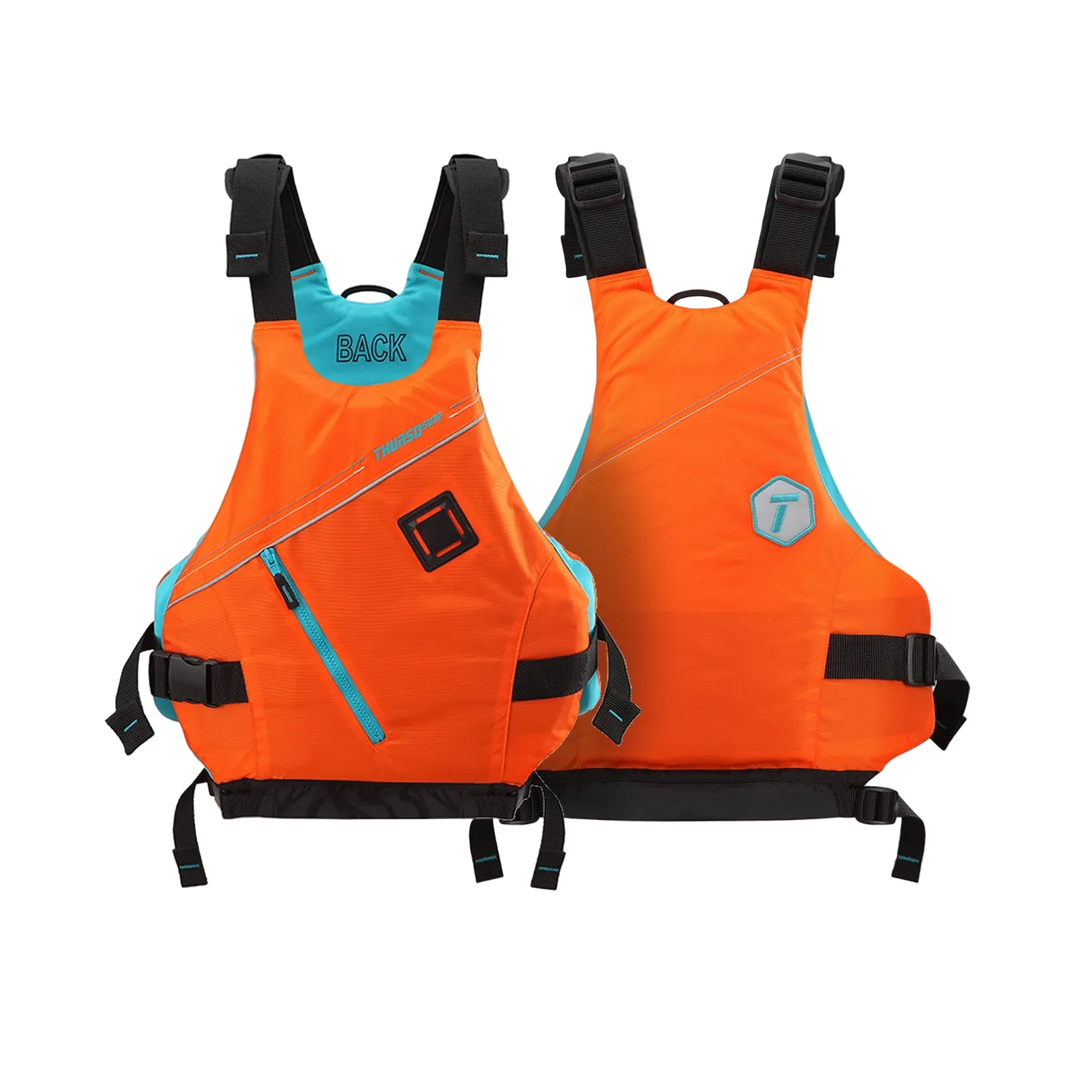 Two orange life vests with black straps on a white background