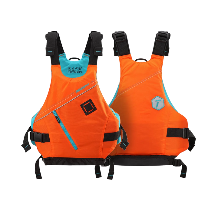 Two orange life vests with black straps on a white background