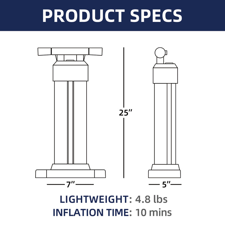 Product specifications for a inflatable structure with dimensions and weight details.