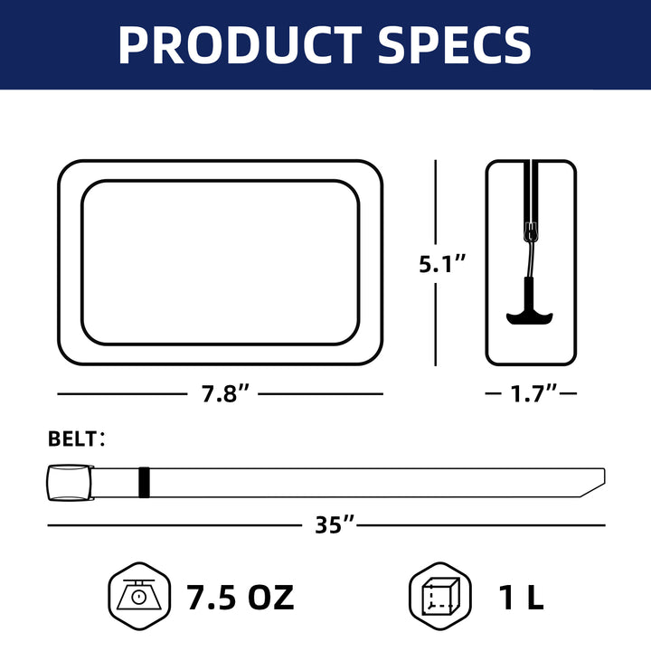 Product specifications diagram with dimensions and weight details on a white background