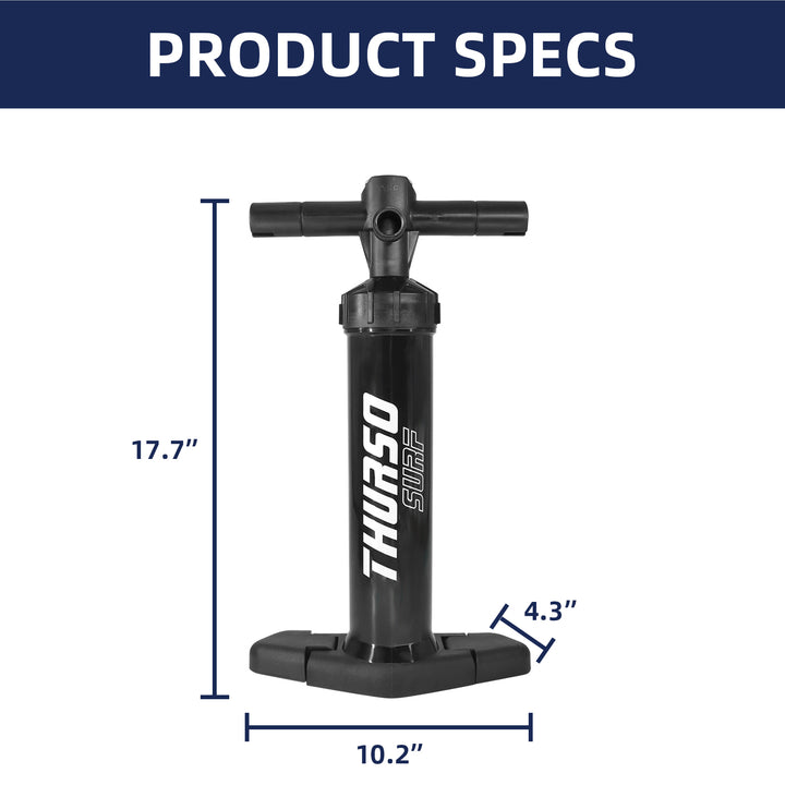 Black Thrusafe pump with measurements on a white background