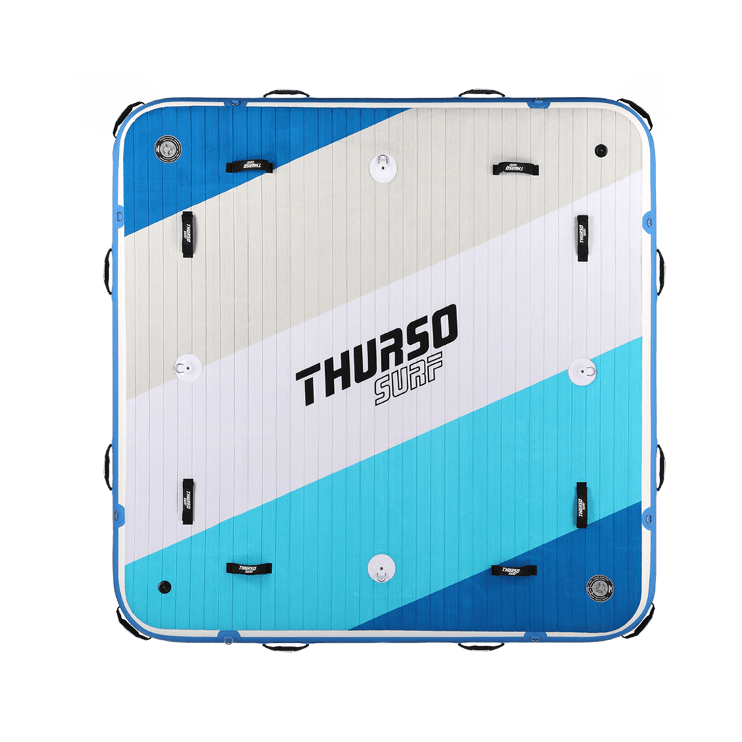 Blue and white inflatable float with 'Thurso Surf' branding on a white background