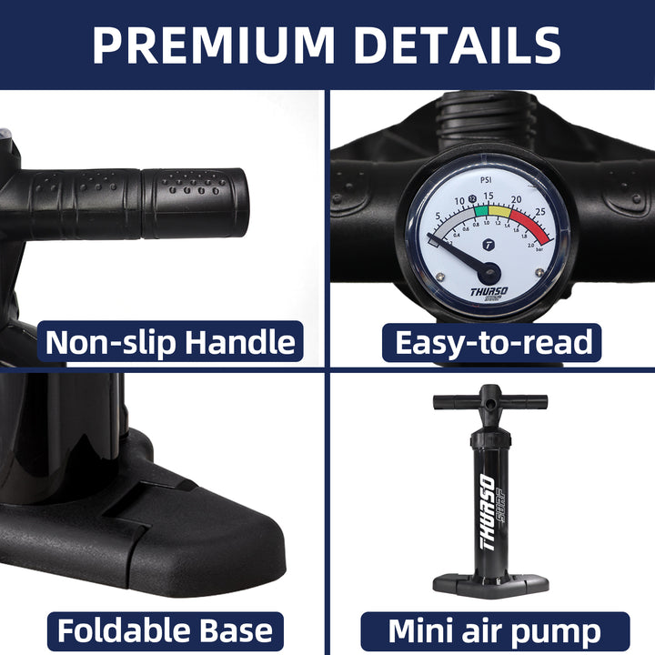 Bicycle pump with features highlighted on a blue background