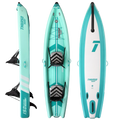 Turquoise and white inflatable stand-up paddleboard with black accents on a white background