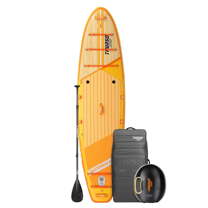 Orange stand-up paddleboard with accessories on a white background