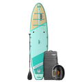 Turquoise paddleboard with accessories on a white background