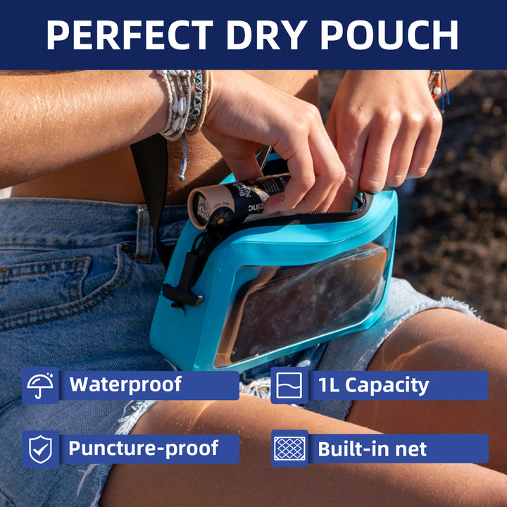 Person using a blue dry pouch with text highlighting features like waterproof, 1L capacity, puncture-proof, and built-in net.