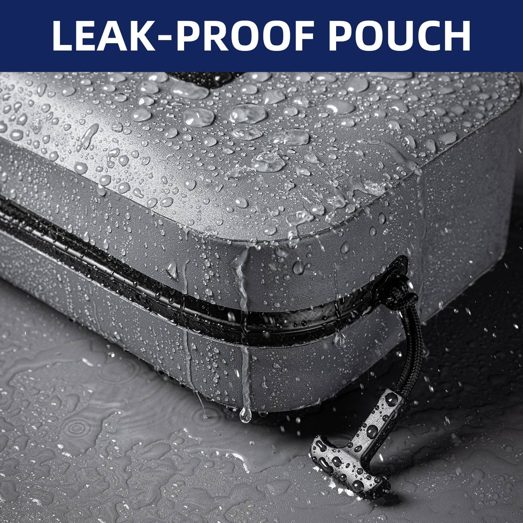 Leak-proof slate pouch with water droplets on a textured surface, featuring the text &